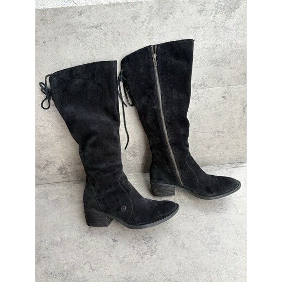 Born Womens Felicia Boot Size 8.5 WIDE CALF Tall Black Suede Block Heel Distress - Picture 1 of 6